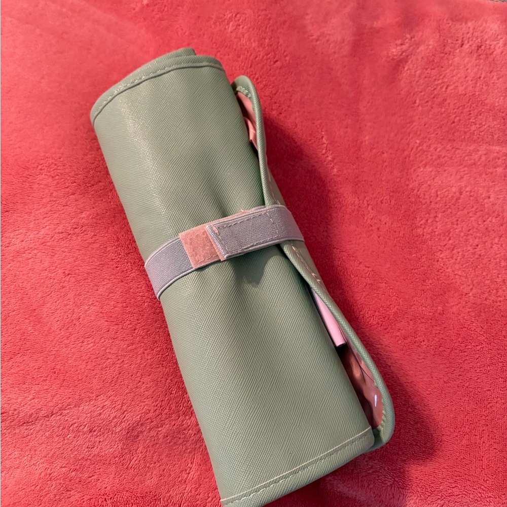 Green Roll-Up Manicure Organizer with Nail Utensils